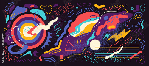 Colorful abstract composition with various hand drawn shapes. Vector illustration.	