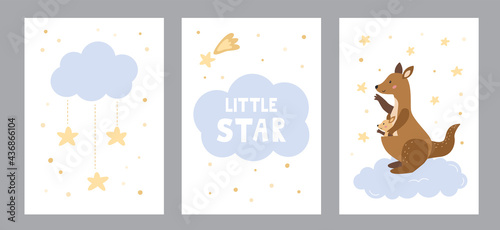 Vector set of greeting cards and posters for nursery. Mother kangaroo with her baby, clouds and stars. Lettering little star. Hand drawn cartoon animal. Vector illustration.