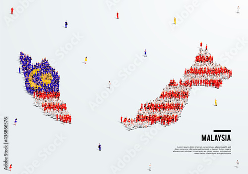 Malaysia Map and Flag. A large group of people in the Malaysian flag color form to create the map. Vector Illustration.