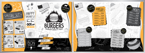 Burger bar menu template - A3 to A4 size (burgers, wraps, grill, sides, sets) - vector illustration