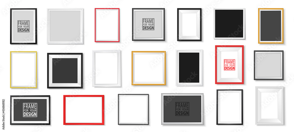 Frames vector set. Photoframe mockup collection. Realistic empty framings for your design. Templates for picture, painting, poster, lettering or photo gallery. Frames vector set. Photoframe mockup collection. Realistic empty framings for your design. Templates for picture, painting, poster, lettering or photo gallery.