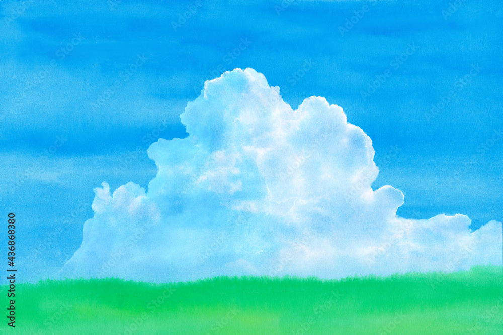 緑の草原に青空と夏雲水彩画

