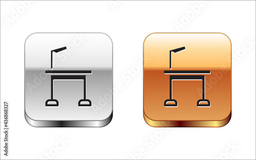 Black Pet grooming table icon isolated on white background. Silver-gold square button. Vector