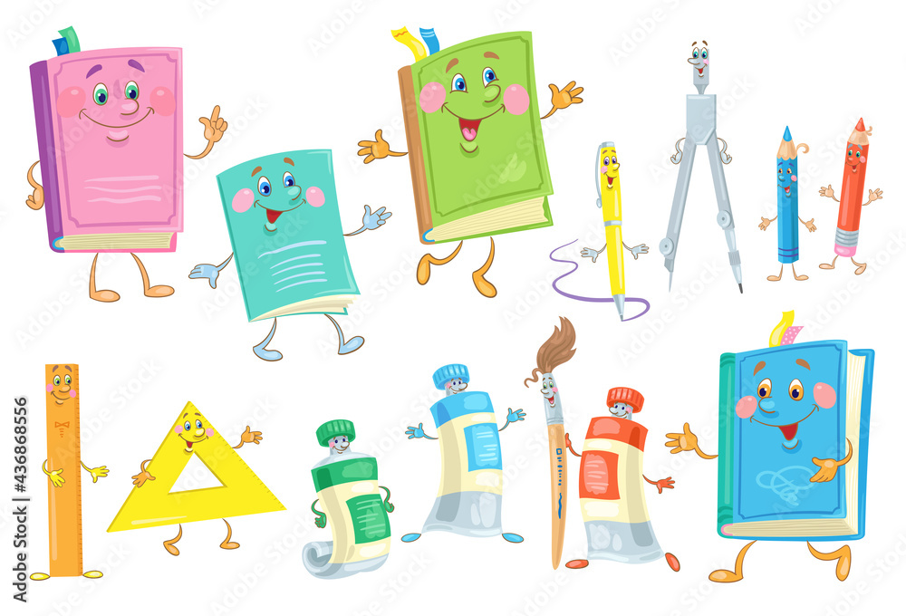 Set of funny school items. Books, exercise book, pen, pencils, compass, paints, brush and rulers. In cartoon style. Isolated on white background. Vector flat illustration