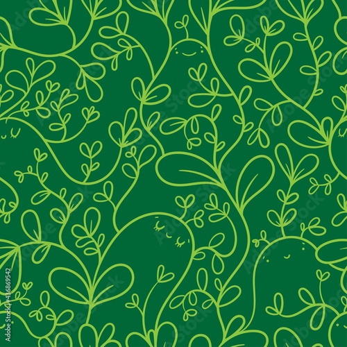 Seamless pattern with  plants  and cute creatures on  green background. Vector print with herbs. Doodle botanical wallpaper.