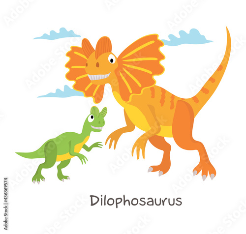 Vector cartoon dinosaur with baby isolated on white background. Dilophosaurus. © Olena