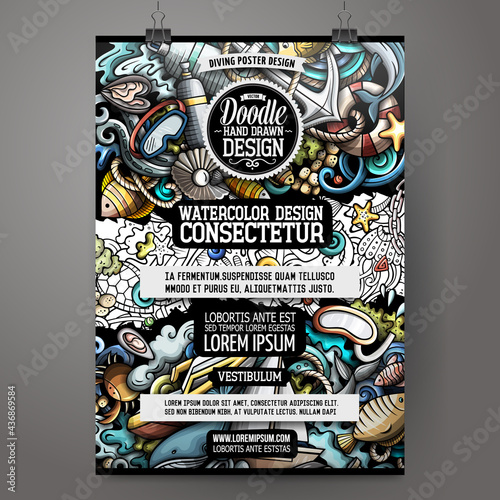 Cartoon colorful hand drawn doodles Diving poster template.