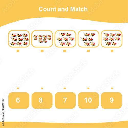 Counting and matching game for Preschool Children. This worksheet is suitable for educating early age children on how to count well. Educational printable math worksheet.