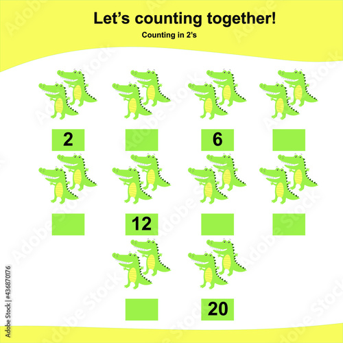 Counting alligators game for Preschool Children. This worksheet is suitable for educating early age children to count multiples of two. Educational printable math worksheet. Additional worksheet.