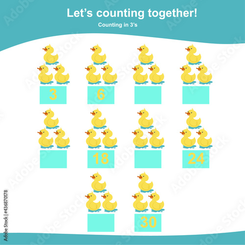 Counting ducks game for Preschool Children. This worksheet is suitable for educating early age children to count multiples of two. Educational printable math worksheet. Additional worksheet.