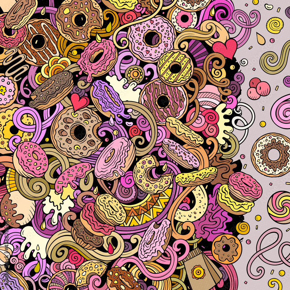 Fototapeta Donuts hand drawn vector doodles illustration. Sweets frame card design.