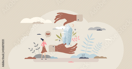 Spiritual practice with holistic esoteric crystal scene tiny person concept. Alternative pseudo medicine and future prediction with witchcraft methods vector illustration. Magic experience training.