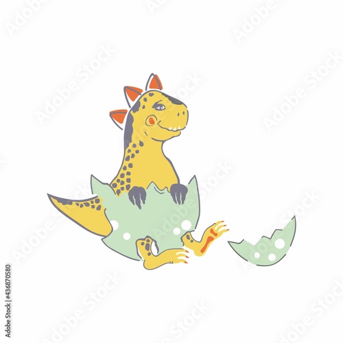 Vector illustration of a hatched dinosaur cub with an egg. Newborn dinosaur, broken egg isolated on white background. 