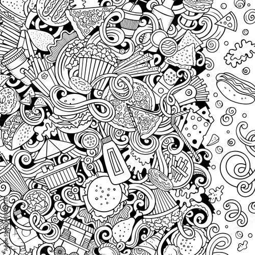 Fastfood hand drawn vector doodles illustration. Fast food frame card design
