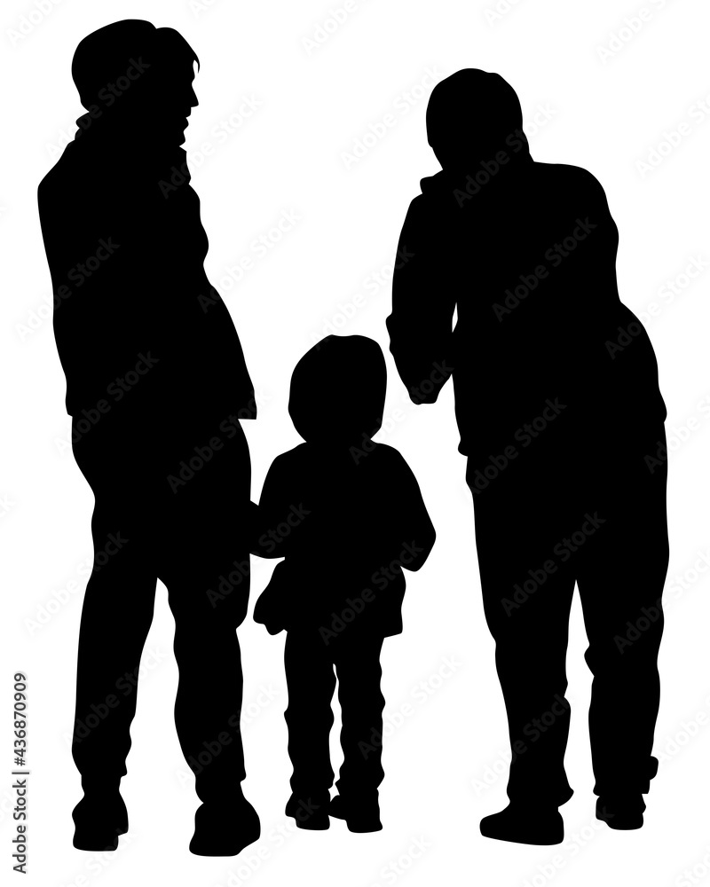 Families with little child walking on street. Isolated silhouettes of people on white background