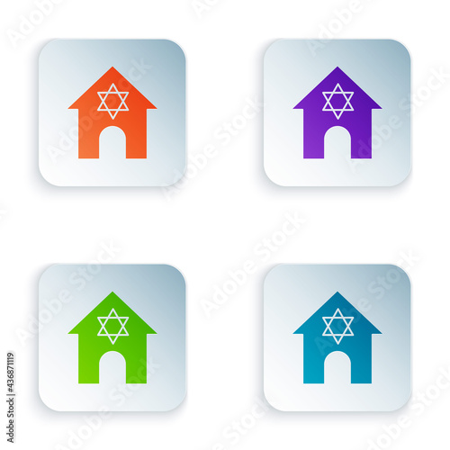 Color Jewish synagogue building or jewish temple icon isolated on white background. Hebrew or judaism construction with David star. Set colorful icons in square buttons. Vector