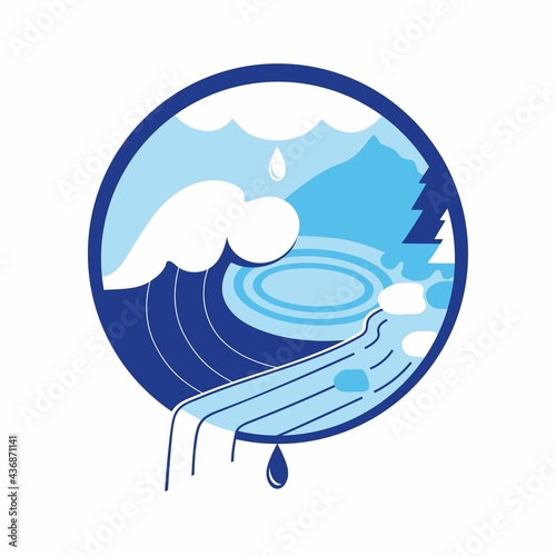 Vector illustration of reservoirs, water resources. Wave, waterfall, lake, drop. Seas and oceans. Logo, icons, concept isolated on white background. 
