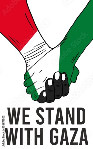 We stand with gaza typography with hand holding flag illustration design