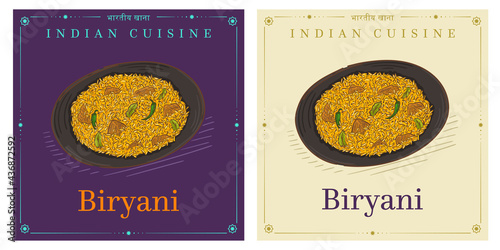 Mixed rice dish Biryani Indian traditional food vintage illustration