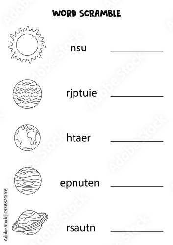 Puzzle for kids. Word scramble for children. Black and white planets.