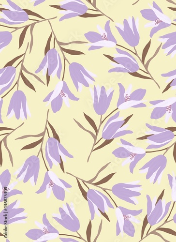 Seamless pattern. Bouquets of lilies with a stem and leaves. Botanical illustration. Design of posters, postcards, textiles, fabrics, wallpaper, wedding design.