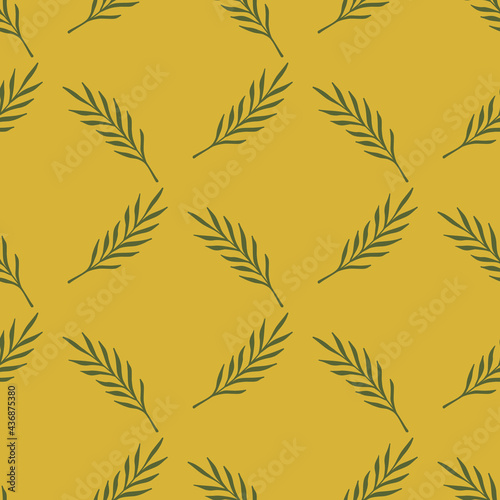 Seamless natural pattern in geometric style with doodle leaves branches print. Orange-ocher background.
