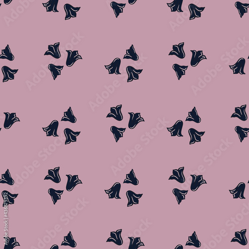 Navy blue botanic bellflowers shapes seamless doodle pattern. Light purple background. Simple style.