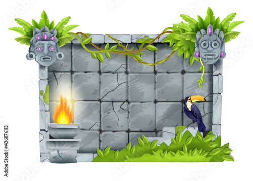 Jungle stone sign board, vector cartoon game rock panel, brick wall, cracked boulder tiles, toucan, tiki mask. Maya granite ancient frame, Aztec ruin, cracked rectangle UI elements. Stone sign block