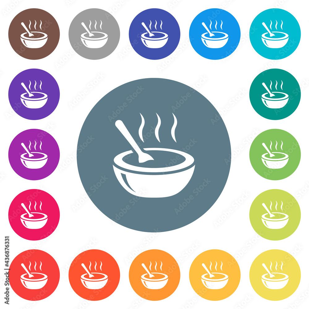 Glossy steaming bowl of soup with spoon flat white icons on round color backgrounds Glossy steaming bowl of soup with spoon flat white icons on round color backgrounds