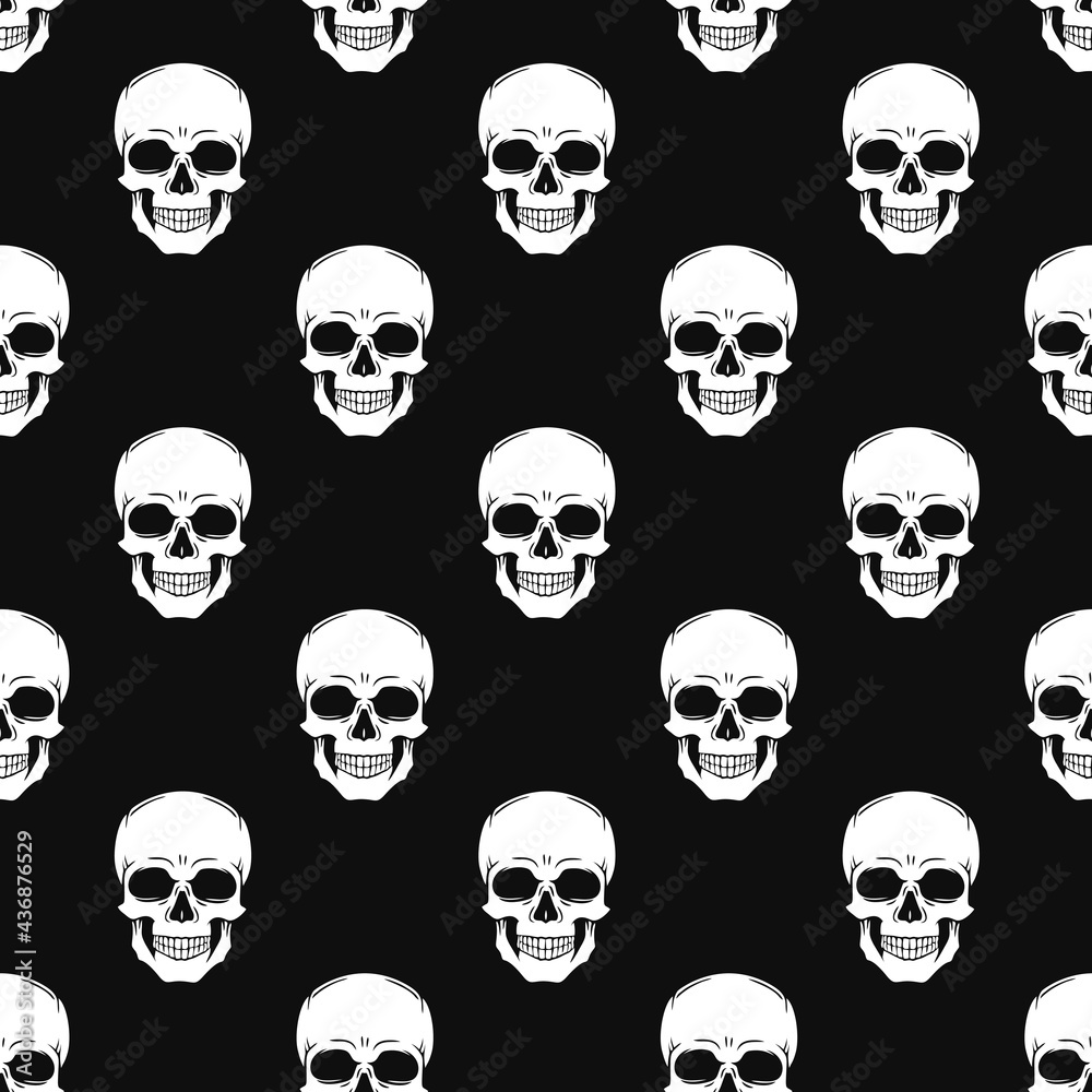 Skull pattern vector seamless black background, trendy print.