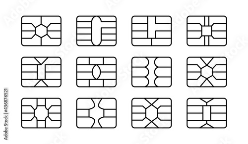 EMV chip. Credit and debit card elements. Vector line icon set. Smart card rectangular microchips for terminals and atm. Contactless nfc secure payment technology. Isolated objects