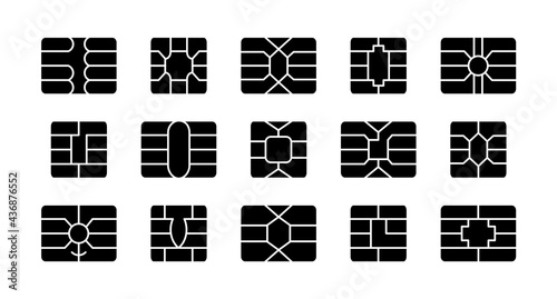 EMV chip. Credit and debit card elements. Vector flat icon set. Smart card microchips for terminals and atm. Contactless nfc secure payment technology. Isolated objects
