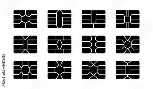 EMV chip. Credit and debit card elements. Vector flat icon set. Smart card rectangular microchips for terminals and atm. Contactless nfc secure payment technology. Isolated objects