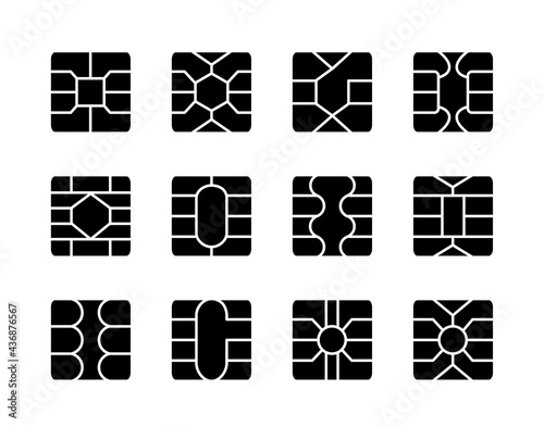 EMV chip. Credit and debit card elements. Vector flat icon set. Smart card square microchips for terminals and atm. Contactless nfc secure payment technology. Isolated objects