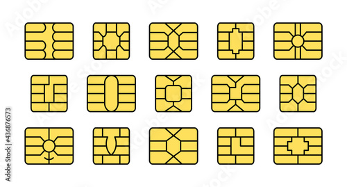 EMV chip. Credit and debit card elements. Vector flat icon set. Smart card golden microchips for terminals and atm. Contactless nfc secure payment technology. Isolated objects