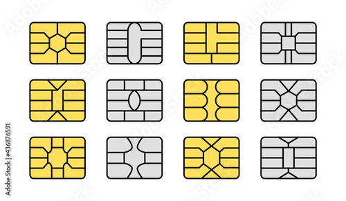 EMV chip. Credit and debit card elements. Vector flat icon set. Smart card golden and silver microchips for terminals and atm. Contactless nfc secure payment technology. Isolated objects photo
