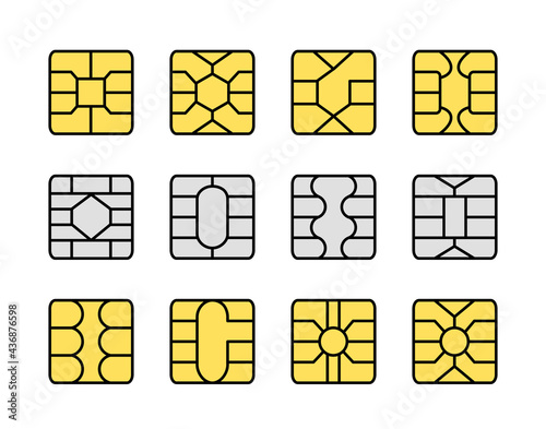 EMV chip. Credit and debit card elements. Vector flat icon set. Smart card yellow and grey microchips for terminals and atm. Contactless nfc secure payment technology. Isolated objects