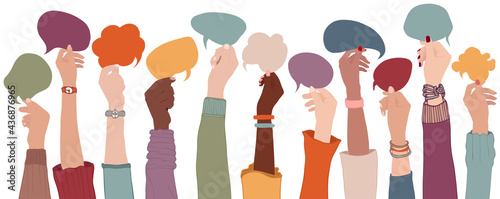 Arms and hands holding speech bubble. Agreement or affair between a group of multiethnic colleagues or collaborators. Diversity People who sharing information. Co-workers. Community