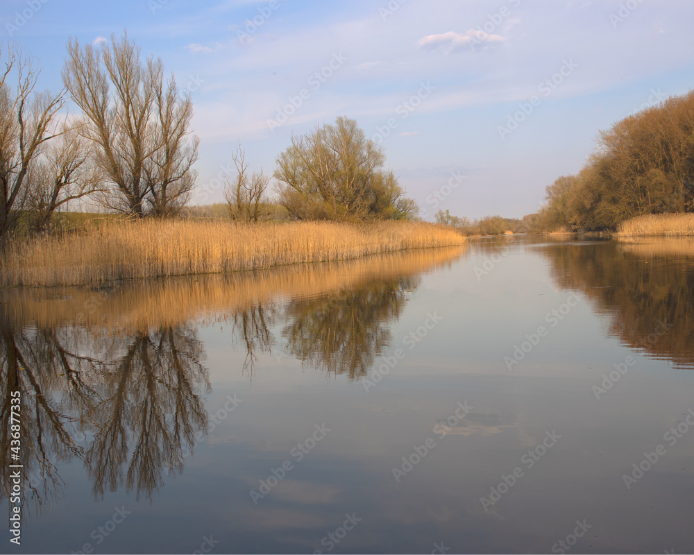 View of the river bank with blue sky View of the river bank with blue sky