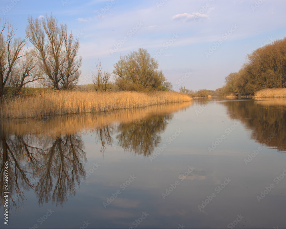 View of the river bank with blue sky 