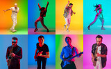 Musicians againts dancers. Portrait of group of people on multicolored background in neon light, collage.