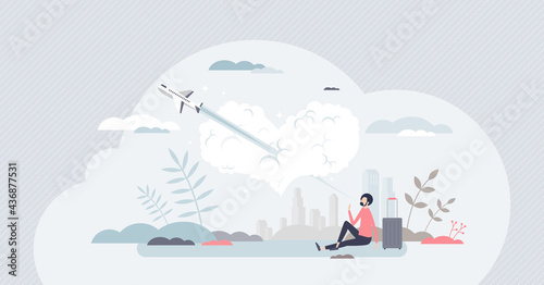 Travel passion or hobby as plane fly through heart shaped cloud tiny person concept. Vacation journey trip using aviation transportation vector illustration. Love for airlines  airplanes and freedom.