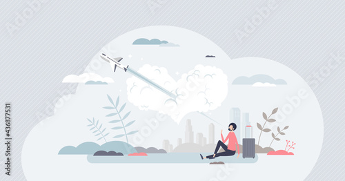 Travel passion or hobby as plane fly through heart shaped cloud tiny person concept. Vacation journey trip using aviation transportation vector illustration. Love for airlines, airplanes and freedom.
