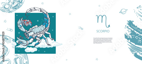 Scorpio zodiac sign. Scorpio among the clouds. Basket of flowers. The symbol of the astrological horoscope.