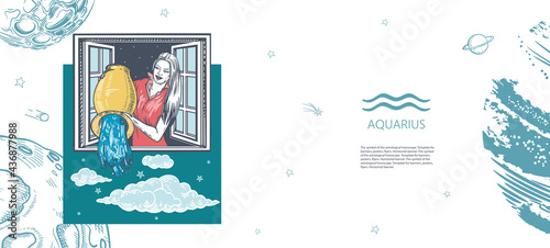 Zodiac sign Aquarius. A girl stands at the window and pours water from a jug. The symbol of the astrological horoscope.