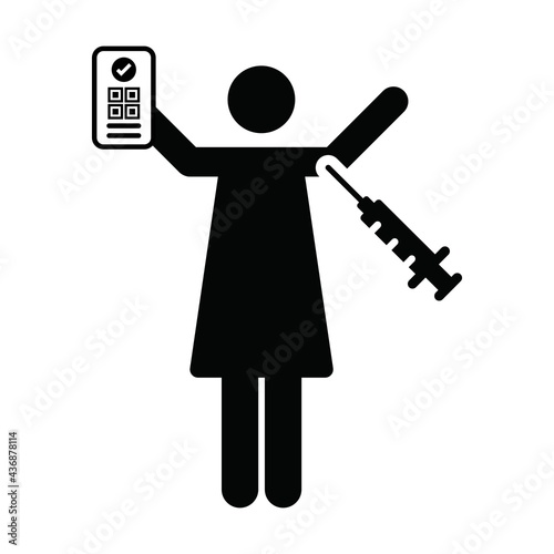 Vaccine passport icon vector with female pictogram symbol for medical and healthcare covid certificate in a glyph illustration