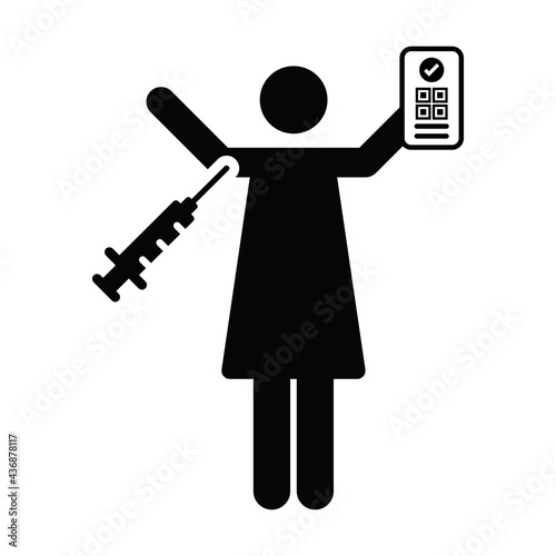 Vaccination passport icon vector with female pictogram symbol for medical and healthcare covid certificate in a glyph illustration