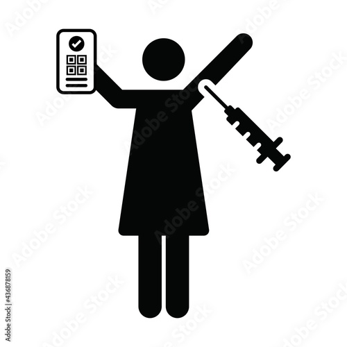 Vaccine card icon vector with female pictogram symbol for medical and healthcare covid certificate in a glyph illustration