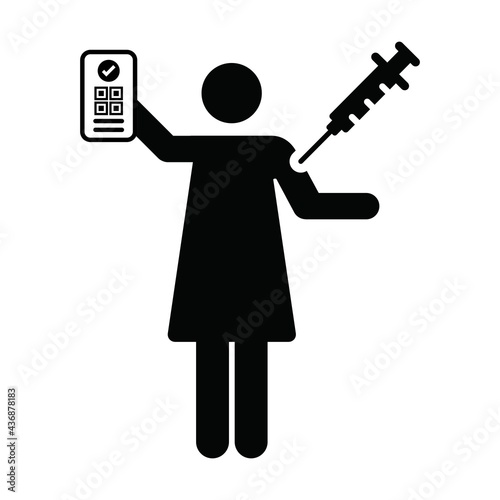 Vaccine report card icon vector with female pictogram symbol for medical and healthcare covid certificate in a glyph illustration