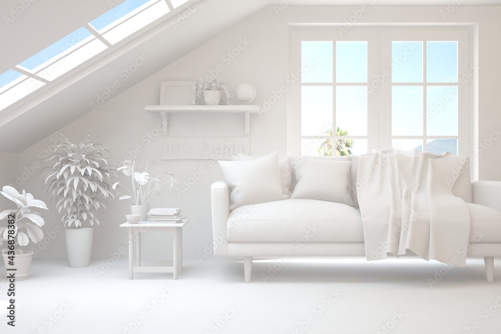 Mock up of minimalist living room in white color with sofa. Scandinavian interior design. 3D illustration Mock up of minimalist living room in white color with sofa. Scandinavian interior design. 3D illustration